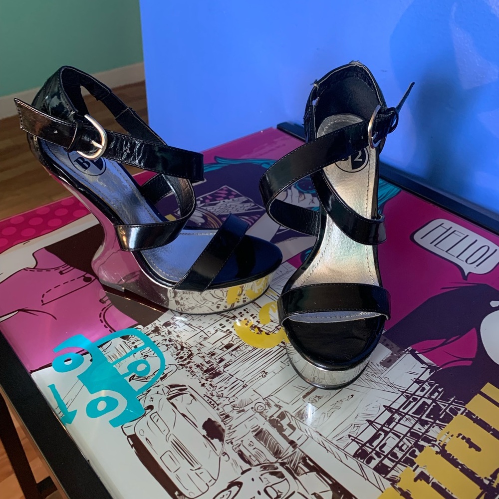 Chic Black and Silver  Wedge Heels with Ankle Strap